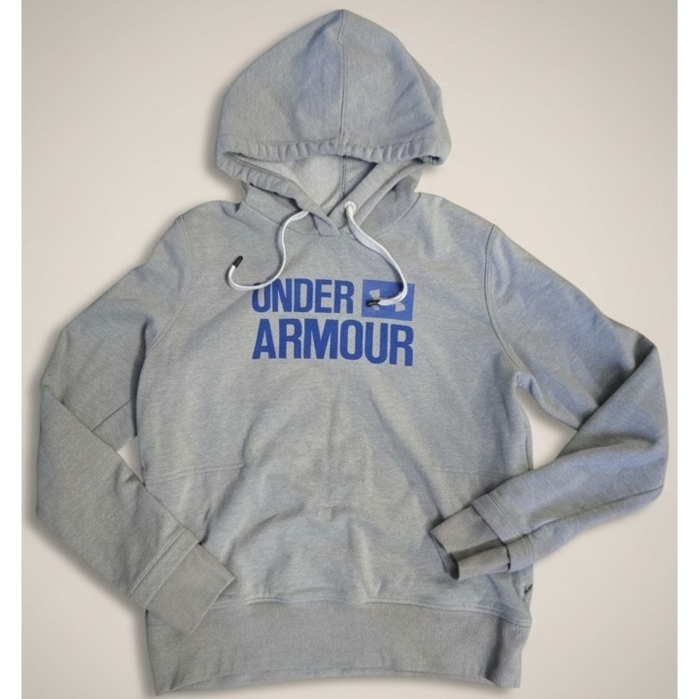 Under Armour Mens Medium Gray Loose Hoodie‎ Sweatshirt Blue Logo Pullover Hooded